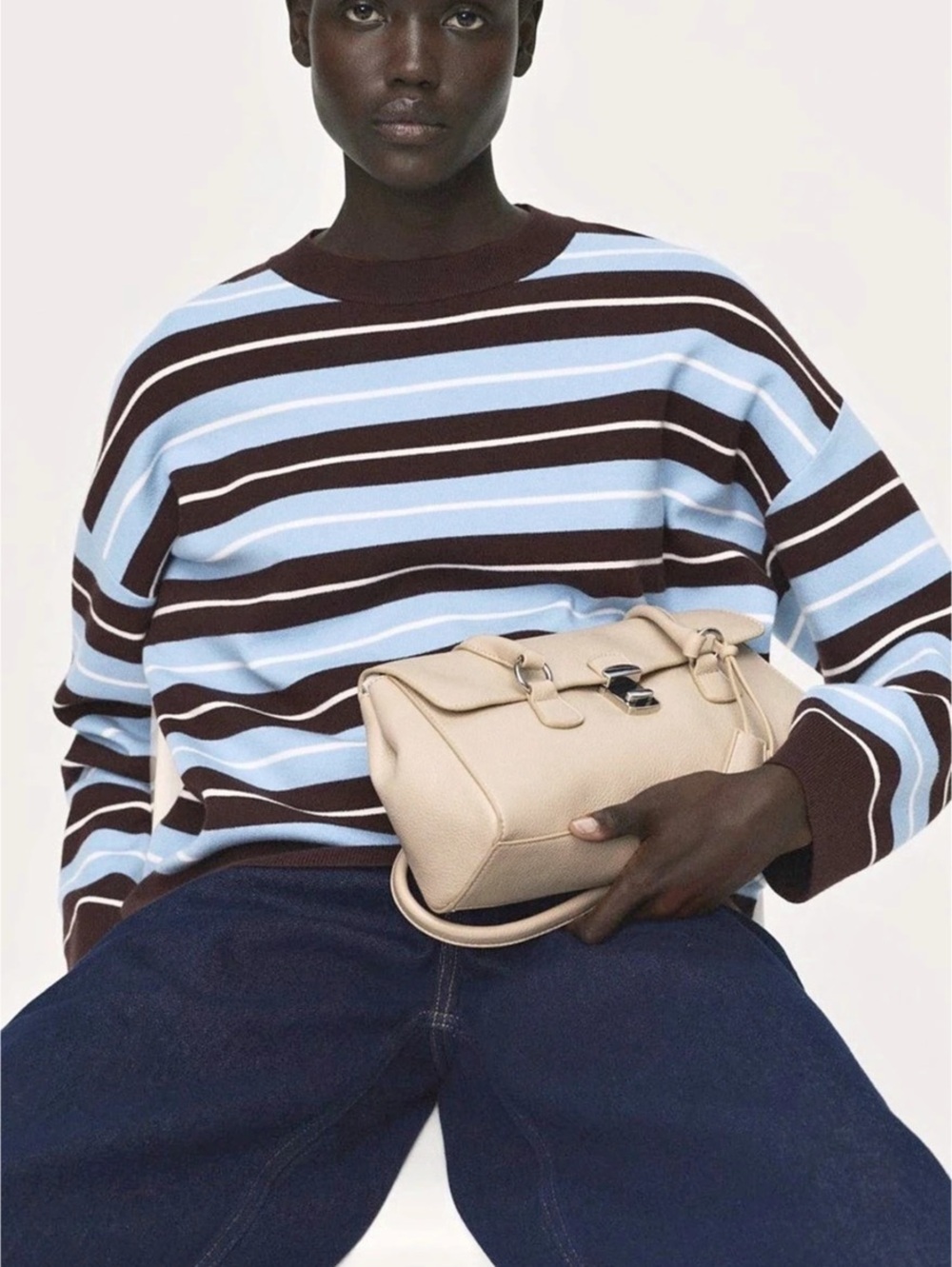 Mango Crew Neck Sweater in Blue and Brown Stripe Blue & Brown Stripe - Picture 2 of 3